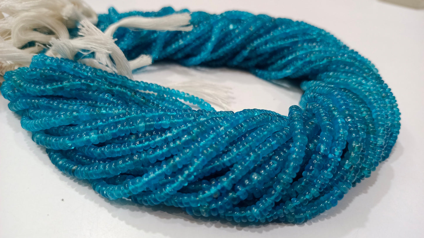 Natural Genuine Neon Apatite Rondelle Plain Smooth 3-4mm Beads, Blue Color Beads For Jewelry Making Strand 13 Inches Long Sold Per Strand