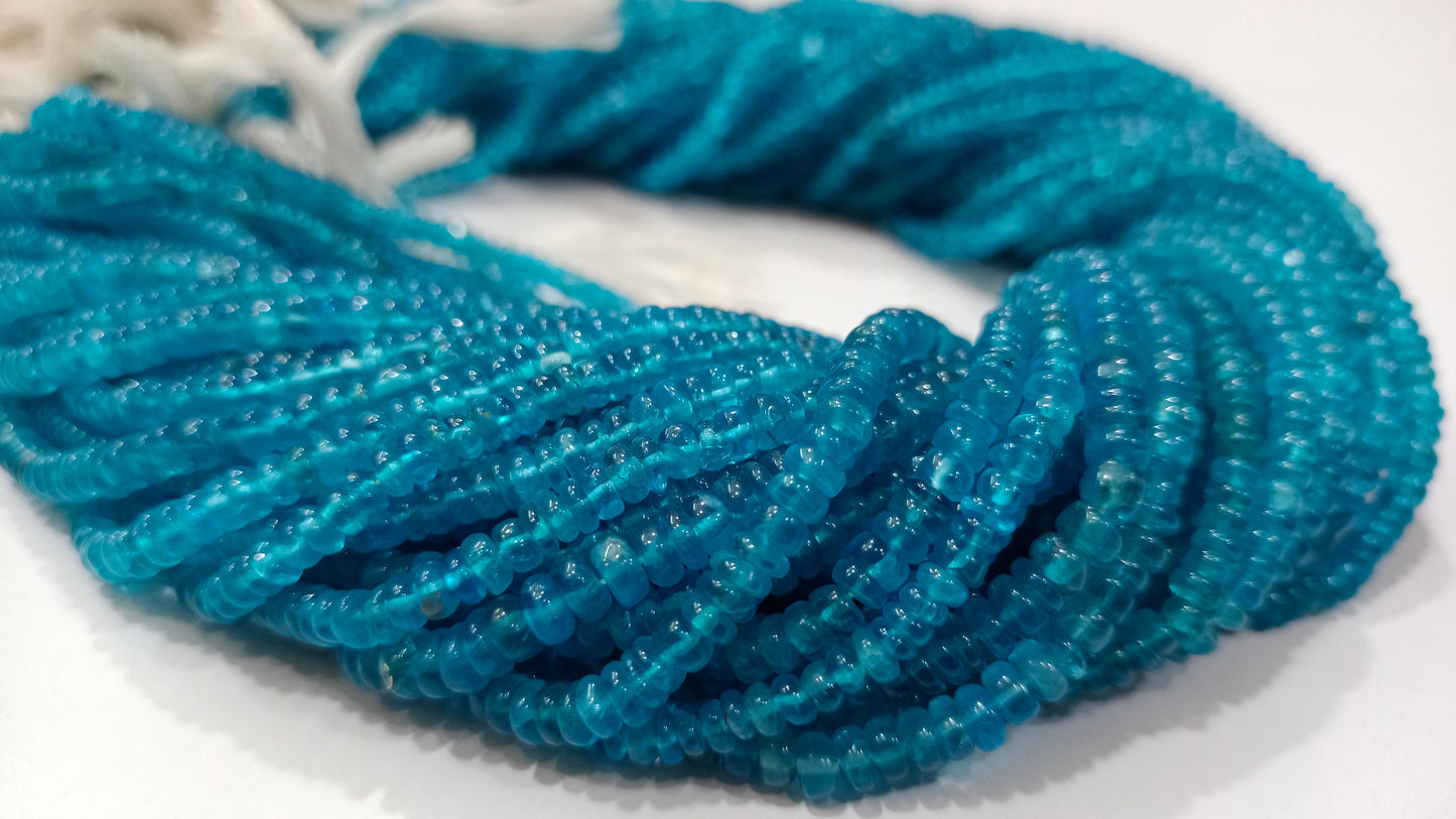 Natural Genuine Neon Apatite Rondelle Plain Smooth 3-4mm Beads, Blue Color Beads For Jewelry Making Strand 13 Inches Long Sold Per Strand