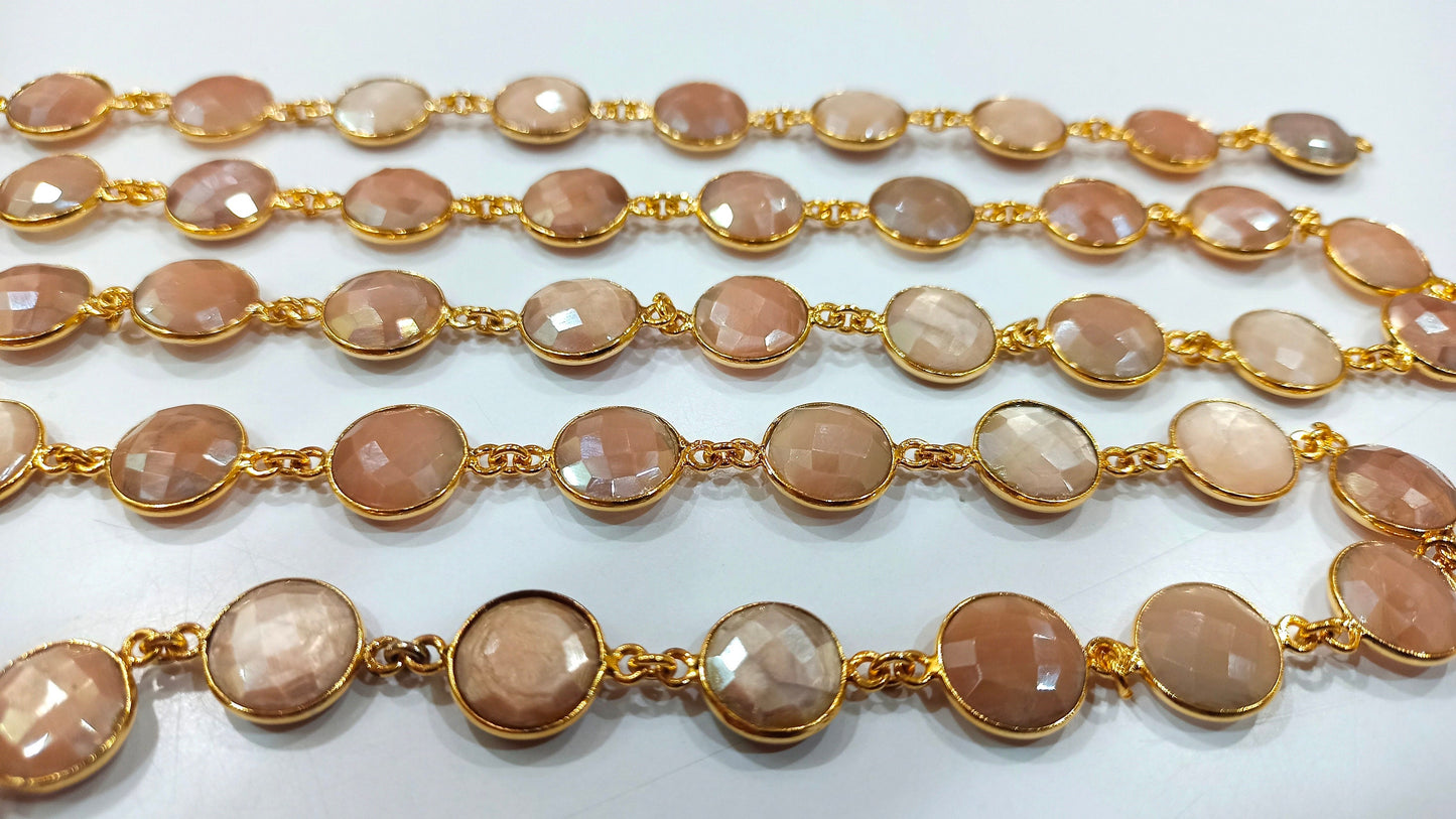 Natural Peach Moonstone Coin Shape Briolette Mystic Coated 12mm Bezel Connector Chain Sold Per Foot