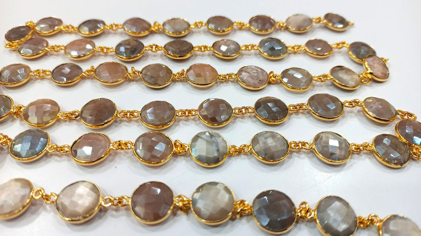 Natural Grey Moonstone Coin Shape Briolette Mystic Coated 12mm Bezel Connector Chain Sold Per Foot