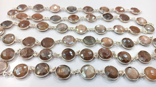 Natural Grey Moonstone Coin Shape Briolette Mystic Coated 12mm Bezel Connector Chain Sold Per Foot