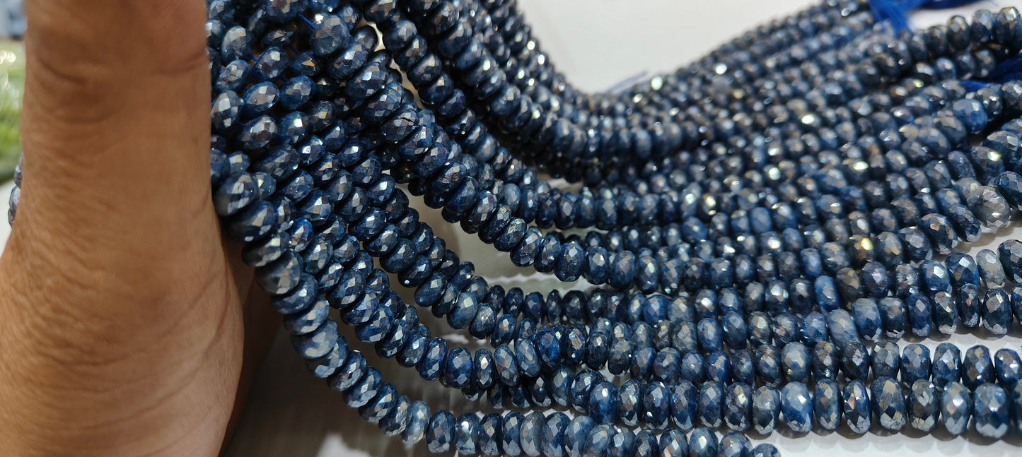 Natural Blue Sapphire Silverite Rondelle Faceted 6 to 9mm Size Graduated Gemstone Beads strand 8 Inches Long Wholesale Prices
