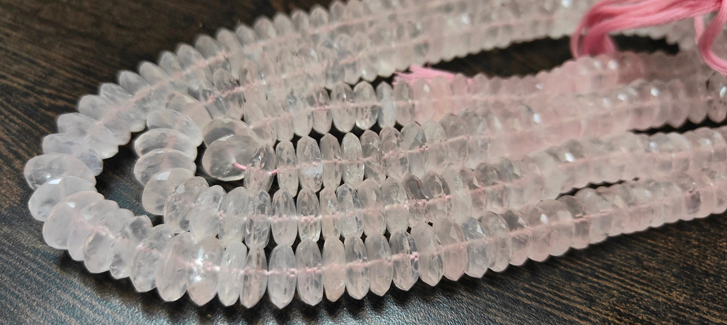 Natural Rose Quartz  Faceted Gemstone Beads German Cut Rondelle Shape Beads 9-12 mm Strand 8 inches long Graduated Beads