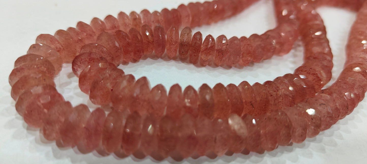 Natural Strawberry Quartz  Faceted Gemstone Beads German Cut Rondelle Shape Beads 9-12 mm Strand 8 inches long Graduated Beads