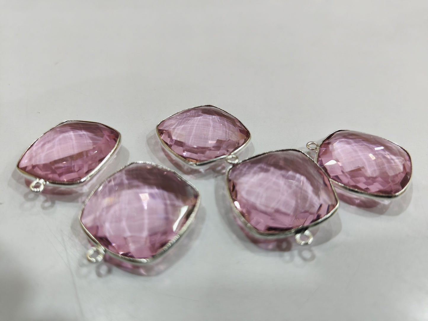 Pink Quartz Cushion Shape  21mm Briolette Connectors Hydro Quartz  Single Loop Bezel Charms Jewelry Making Bezel Choose Plating