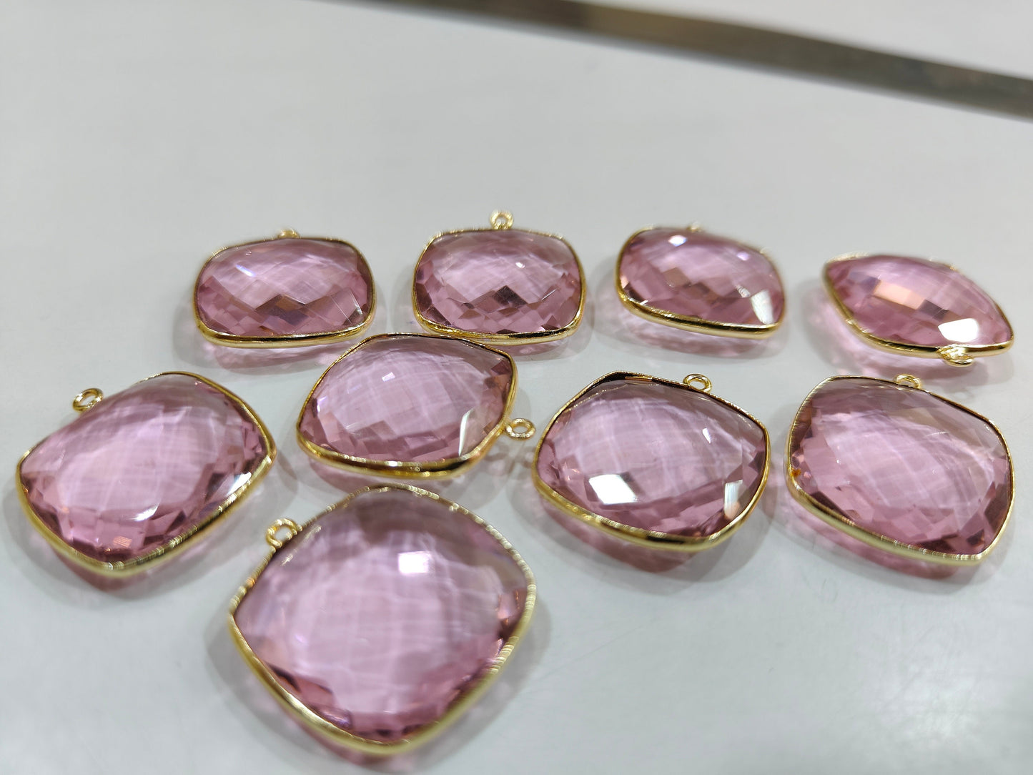 Pink Quartz Cushion Shape  21mm Briolette Connectors Hydro Quartz  Single Loop Bezel Charms Jewelry Making Bezel Choose Plating