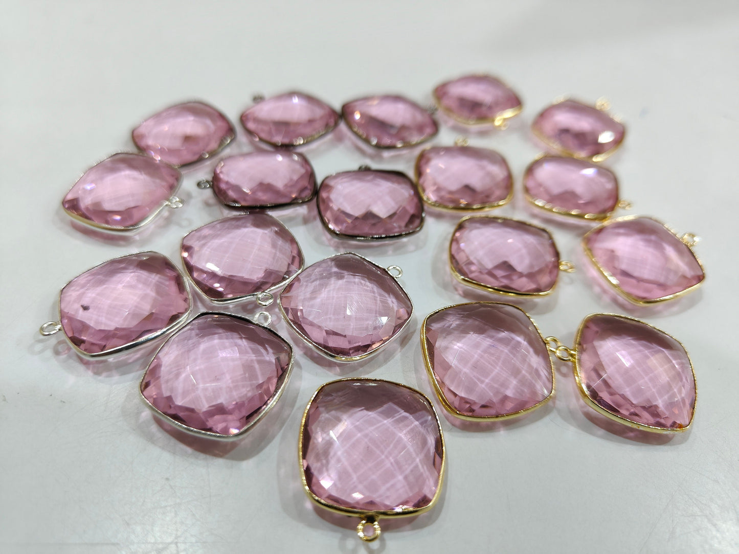 Pink Quartz Cushion Shape  21mm Briolette Connectors Hydro Quartz  Single Loop Bezel Charms Jewelry Making Bezel Choose Plating