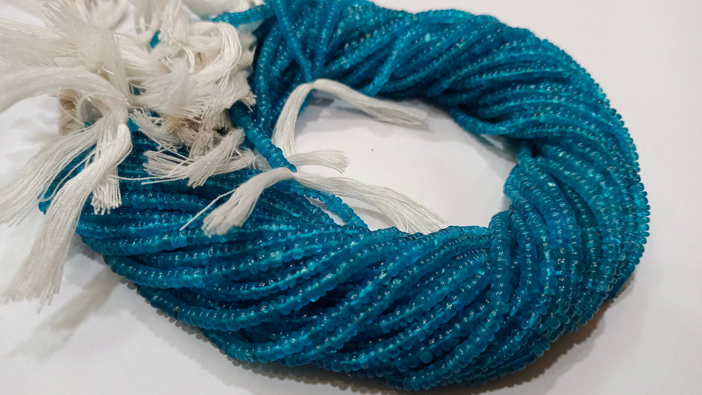 Natural Genuine Neon Apatite Rondelle Plain Smooth 3-4mm Beads, Blue Color Beads For Jewelry Making Strand 13 Inches Long Sold Per Strand