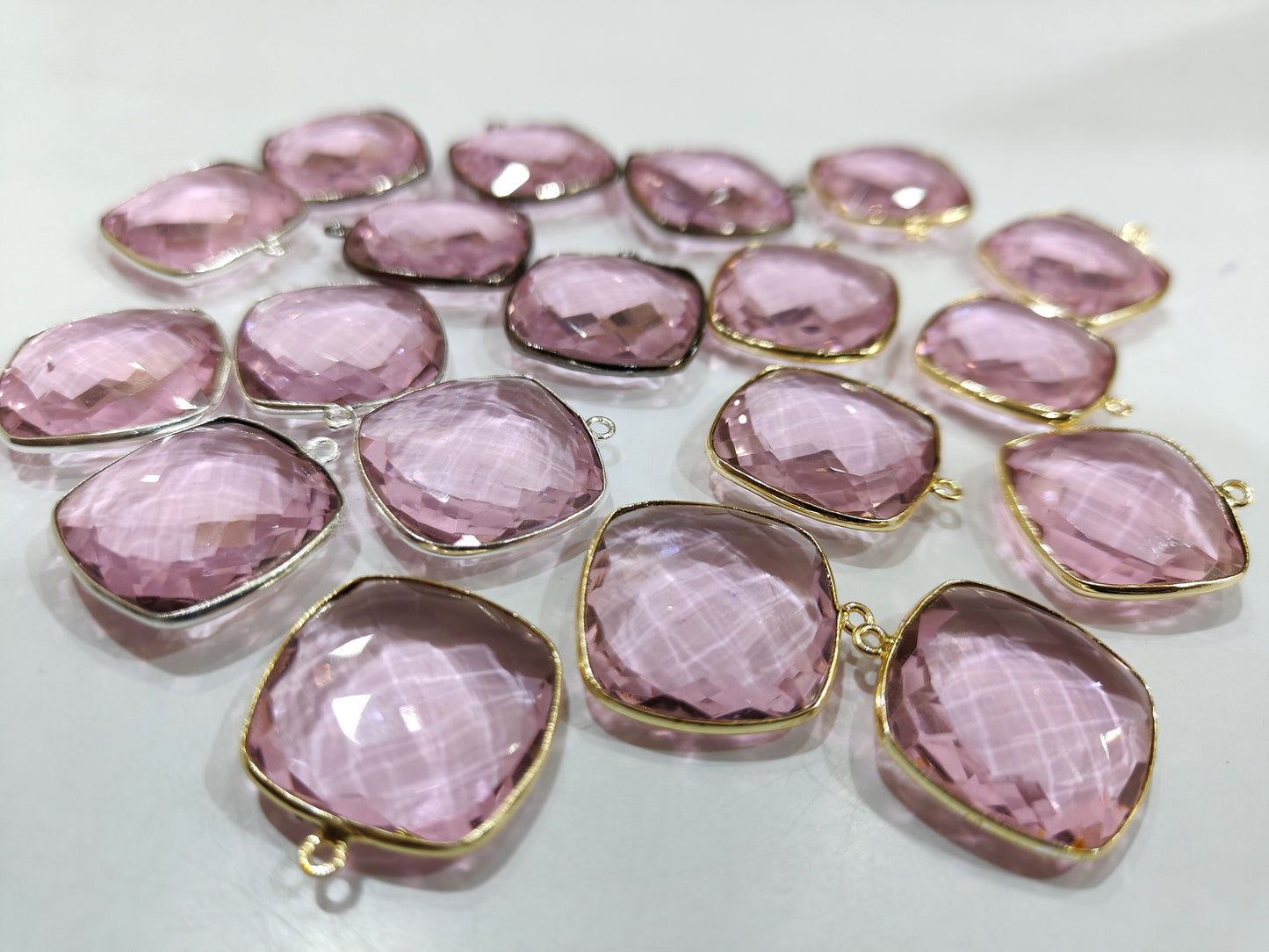 Pink Quartz Cushion Shape  21mm Briolette Connectors Hydro Quartz  Single Loop Bezel Charms Jewelry Making Bezel Choose Plating