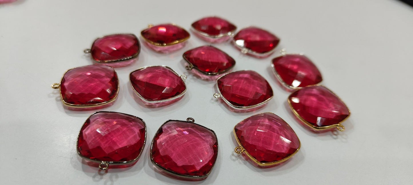 Ruby Quartz Cushion Shape  21mm Briolette Connectors Hydro Quartz  Single Loop Bezel Charms Jewelry Making Bezel Choose Plating