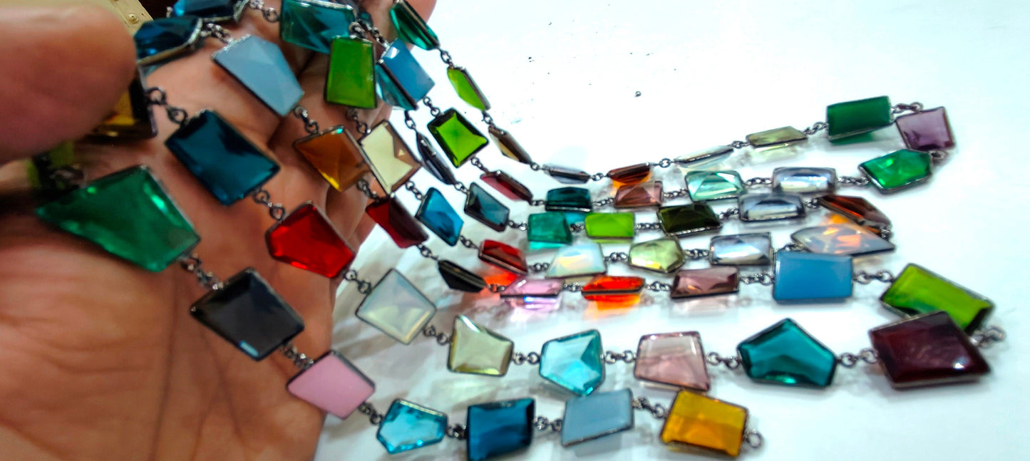 Multi Color Crystal Quartz  Laser Cut Uneven Free Shape 14 to 15mm Connector Bezel Chain Sold Per Foot