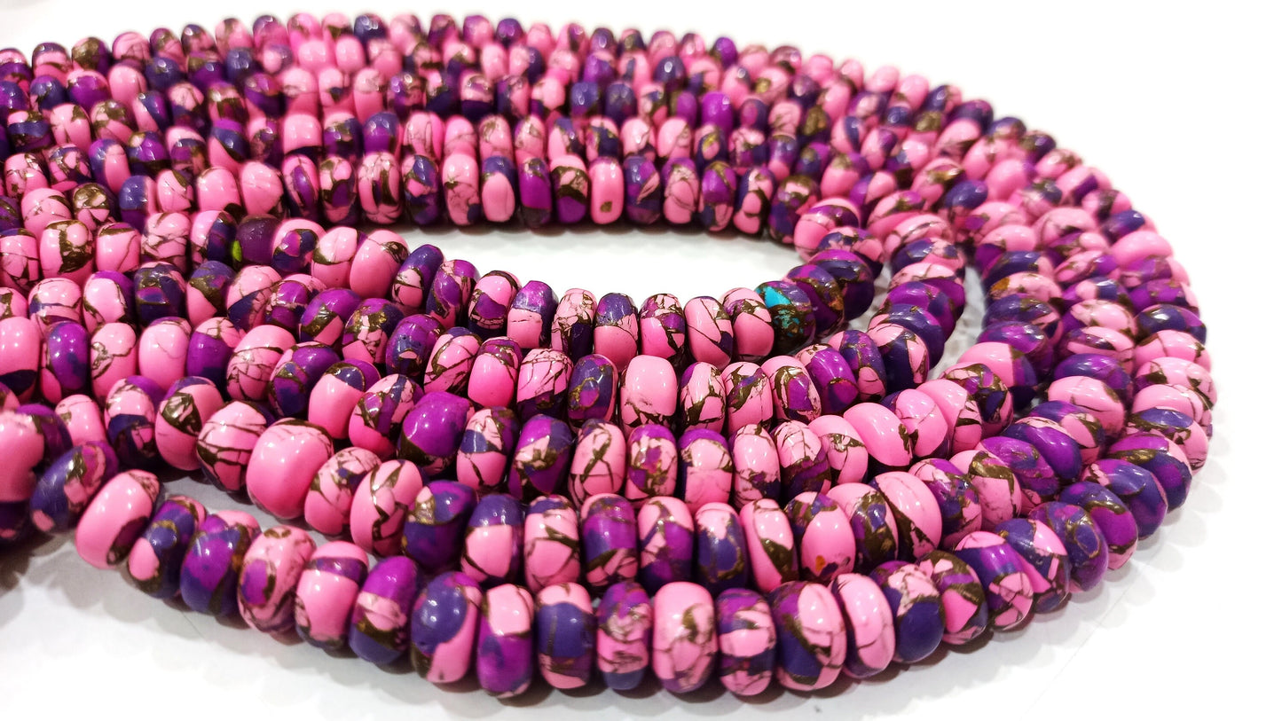 Natural Mohave Pink Calcite and Purple Copper Turquoise Rondelle Plain 8mm Beads Sold Per Strand 8 Inches Long