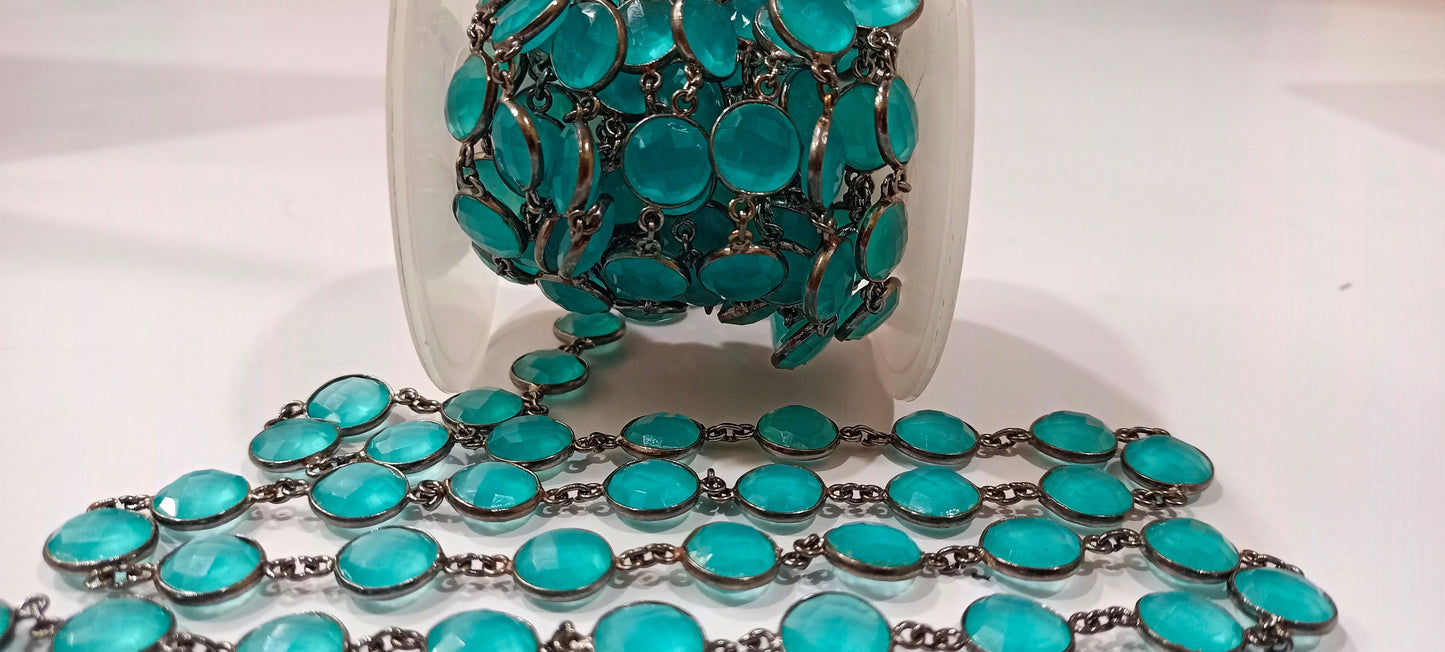 Natural Aqua Chalcedony Round coin Shape 11mm Briolette Faceted Bezel Connector Chain Sold Per Foot High Quality  Wholesale price