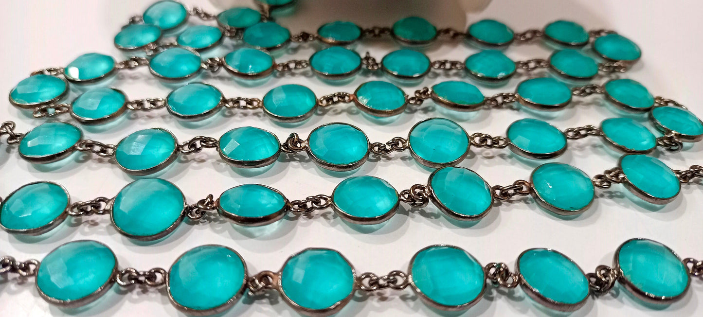 Natural Aqua Chalcedony Round coin Shape 11mm Briolette Faceted Bezel Connector Chain Sold Per Foot High Quality  Wholesale price