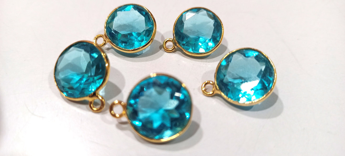 Blue Topaz Star cut  Coin Shape 12mm Gemstone Single Loop Bezel Connecter Charms
