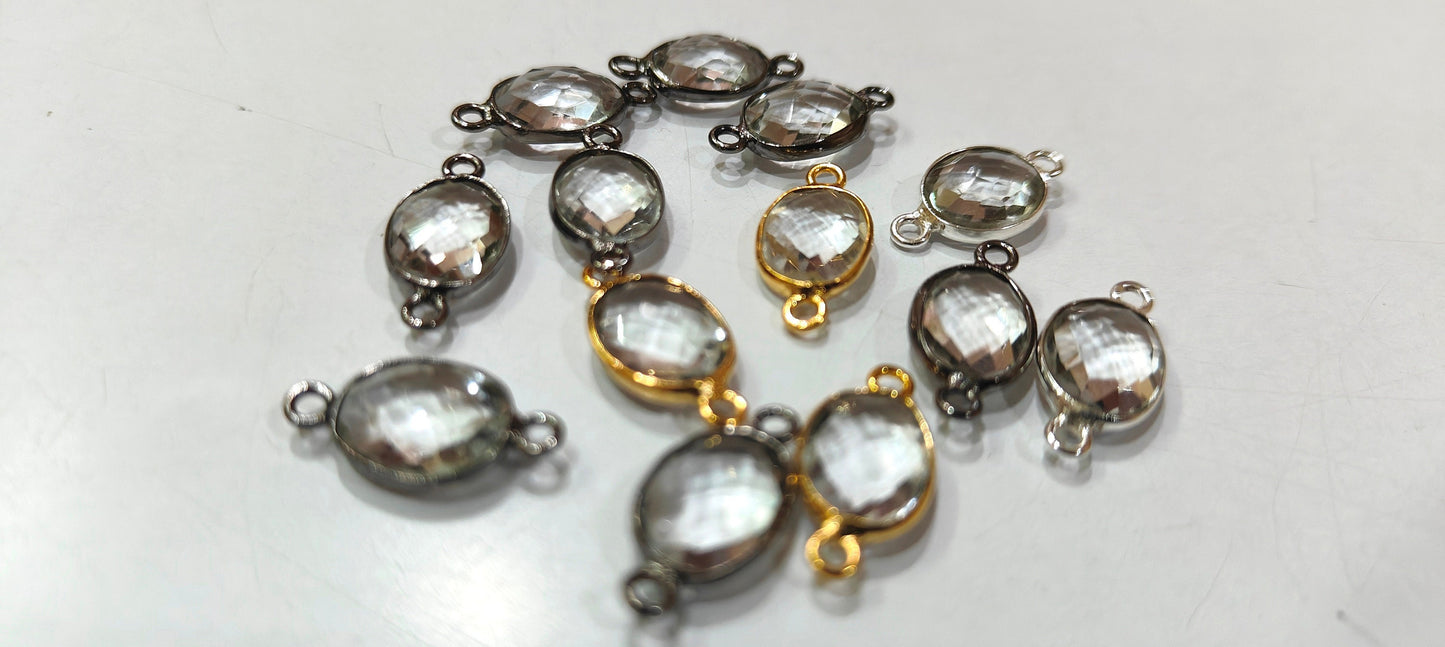 Crystal Quartz Oval Shape 9x12mm Gemstone Double Loop Bezel Connector Charms