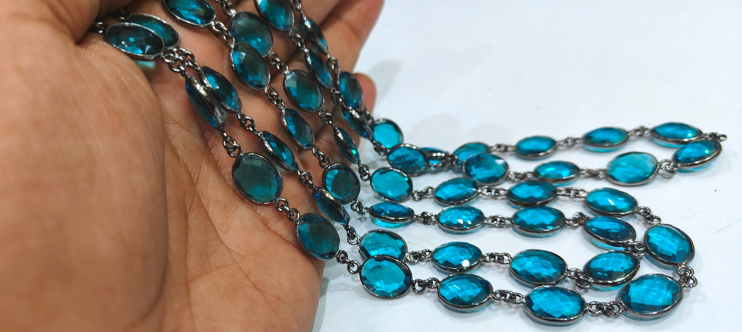 Swiss Blue Topaz Quartz Oval Shape Bezel Connector Chain 10x13mm Size Chain Sold Per Feet Wholesale Price