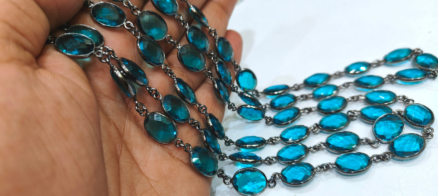 Swiss Blue Topaz Quartz Oval Shape Bezel Connector Chain 10x13mm Size Chain Sold Per Feet Wholesale Price