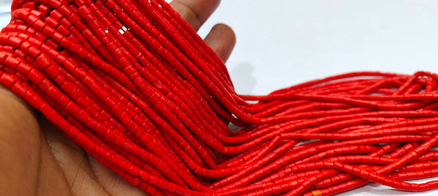 Natural Italian Coral Pipe Shape 3mm Beads Sold Per Strand 13 Inch Long