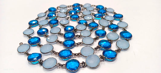 Blue Chalcedony Coin Shape 11mm  Briolette Faceted Connector Link Chain Sold Per Foot Wholesale Prices Jewelry making chain