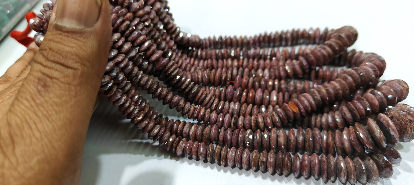 Natural Ruby Silverite German Cut Rondelle Faceted Beads Germen Cut  Shape Beads 8 to 12mm Ruby AB Coated Sold Per Strand  8 Inch Long