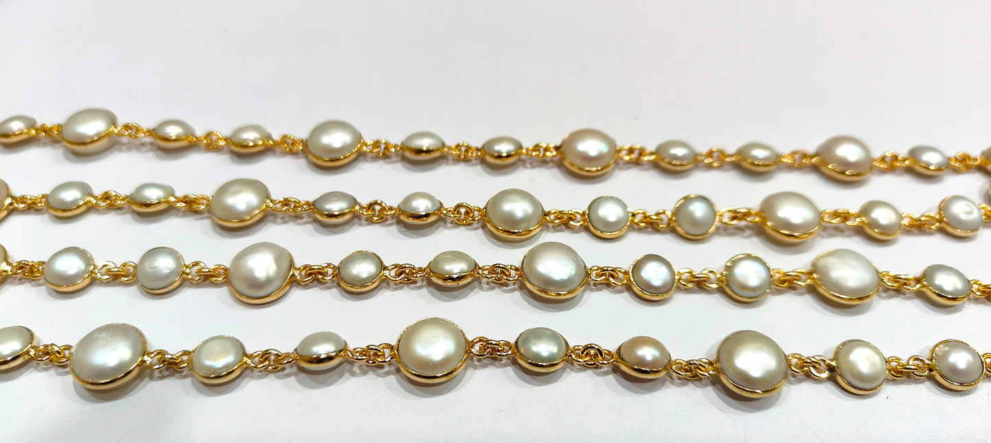 Natural Pearl Coin Shape Plain Alternet Bezel Connector Chain Sold Per Feet High Quality Wholesale Prices