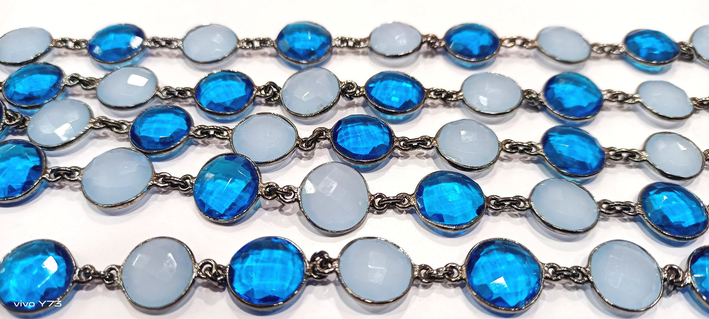 Blue Chalcedony Coin Shape 11mm  Briolette Faceted Connector Link Chain Sold Per Foot Wholesale Prices Jewelry making chain