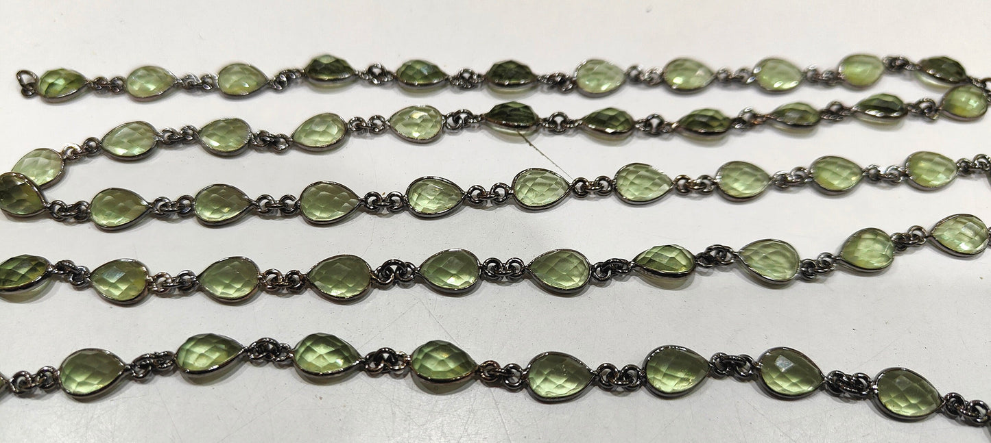 Peridot Pear Heart Shape Briolette faceted Bezel Connector Chain 6x9mm Gold/Silver/Black/Rose Plated Sold Per Foot High Quality