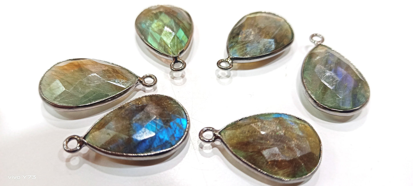 Natural Labradorite Pear Shape 13x17mm Briolette Faceted Blue Flashy Single Loop Bezel Connectors Sold Per Piece