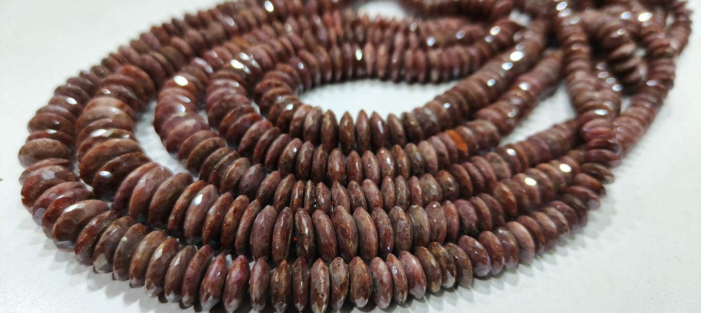 Natural Ruby Silverite German Cut Rondelle Faceted Beads Germen Cut  Shape Beads 8 to 12mm Ruby AB Coated Sold Per Strand  8 Inch Long
