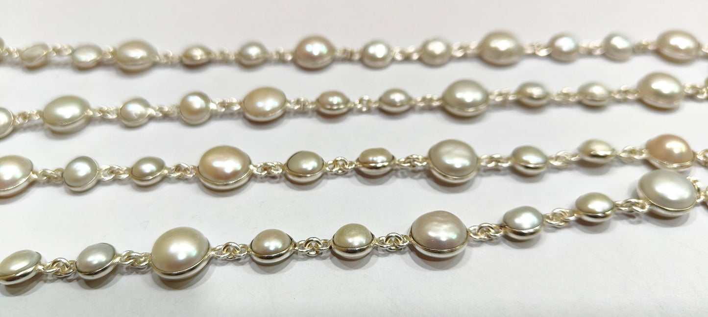 Natural Pearl Coin Shape Plain Alternet Bezel Connector Chain Sold Per Feet High Quality Wholesale Prices