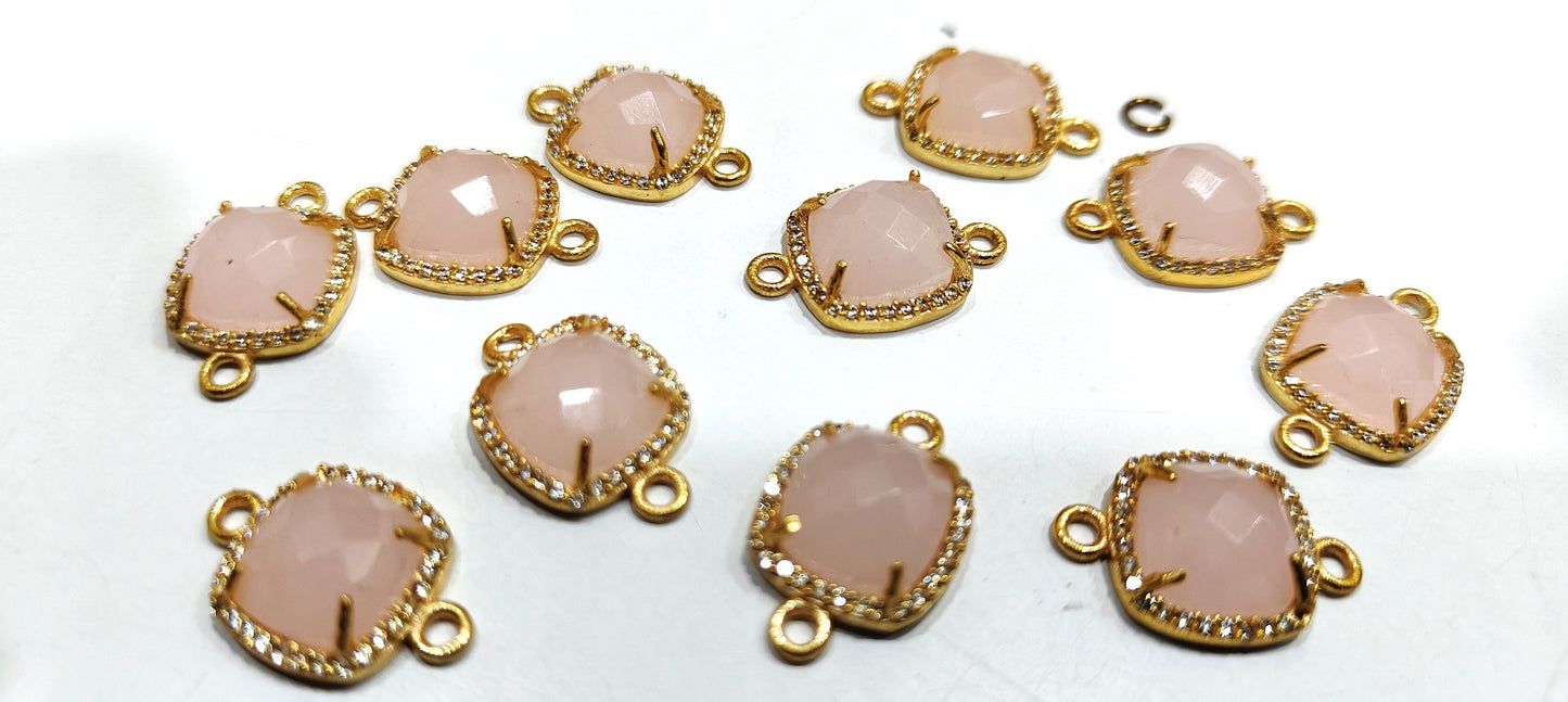 Multi Quartz Stone Briolette Cushion Shape Connector Pave CZ Double Loop 13mm charm, Gemstone Bezel, Setted Cubic Zirconia Jewelry Per piece