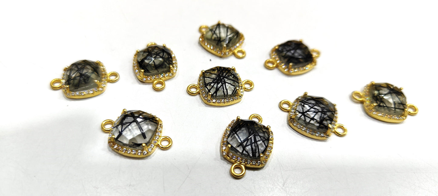 Multi Quartz Stone Briolette Cushion Shape Connector Pave CZ Double Loop 13mm charm, Gemstone Bezel, Setted Cubic Zirconia Jewelry Per piece