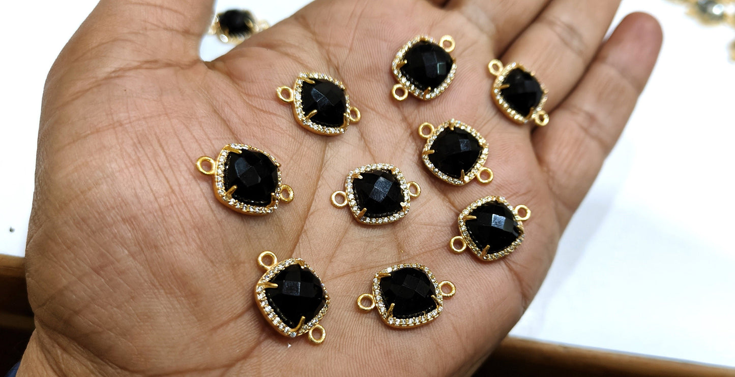 Multi Quartz Stone Briolette Cushion Shape Connector Pave CZ Double Loop 13mm charm, Gemstone Bezel, Setted Cubic Zirconia Jewelry Per piece