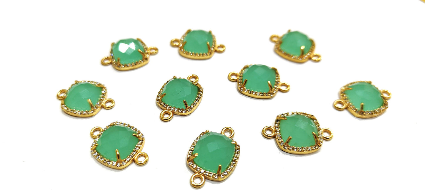 Multi Quartz Stone Briolette Cushion Shape Connector Pave CZ Double Loop 13mm charm, Gemstone Bezel, Setted Cubic Zirconia Jewelry Per piece