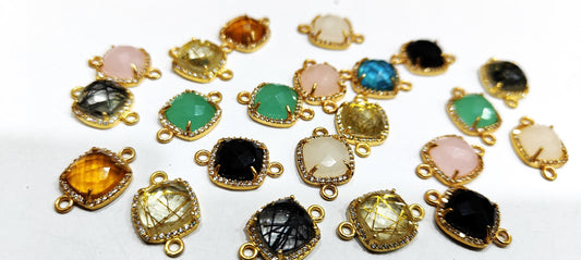 Multi Quartz Stone Briolette Cushion Shape Connector Pave CZ Double Loop 13mm charm, Gemstone Bezel, Setted Cubic Zirconia Jewelry Per piece