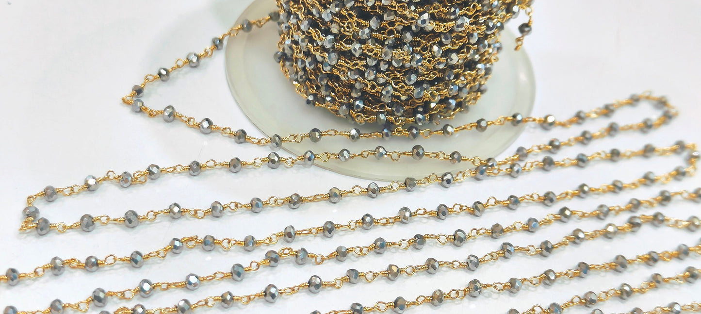 Silver Pyrite 3mm Hydro Quartz Rondelle Faceted Beaded  Rosary Wire Wrapped Aati Beaded chain Wholesale Price sold per foot