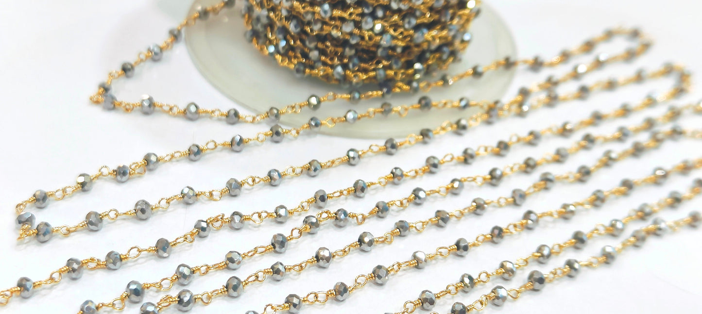 Silver Pyrite 3mm Hydro Quartz Rondelle Faceted Beaded  Rosary Wire Wrapped Aati Beaded chain Wholesale Price sold per foot