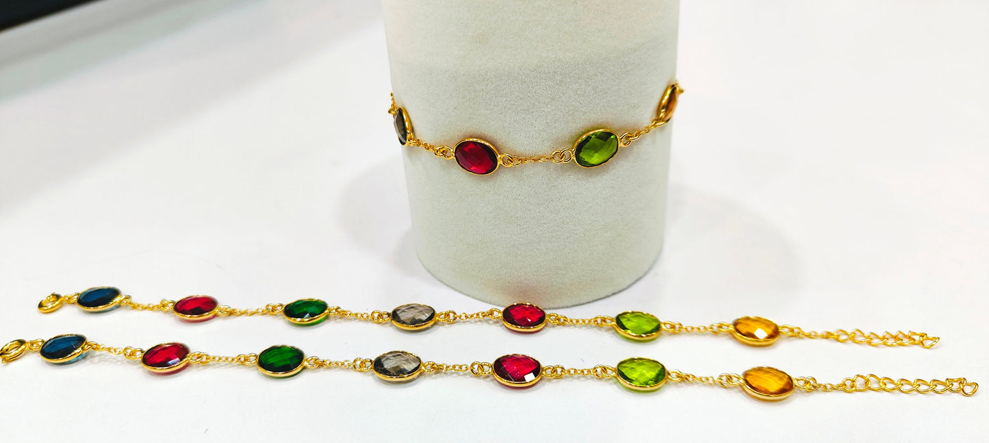 Handmade Gemstone Bracelet Multi Color Oval Briolette  8x10mm Stones with Link Chain Gold Plated 8 inches long including 1 inch extender