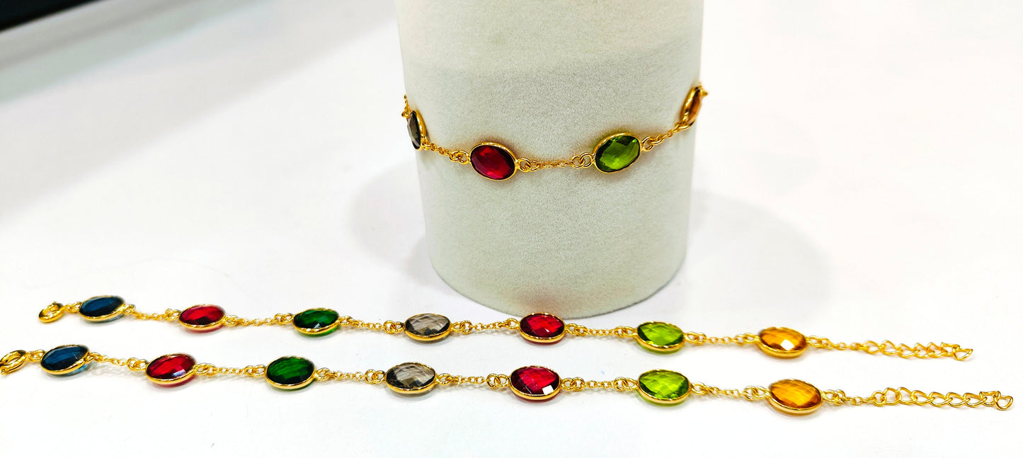 Handmade Gemstone Bracelet Multi Color Oval Briolette  8x10mm Stones with Link Chain Gold Plated 8 inches long including 1 inch extender