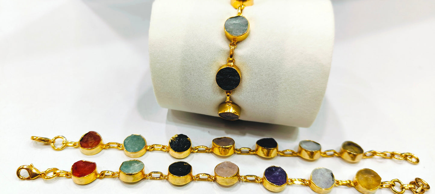 Handmade Gemstone Bracelet Multi Color Round 8mm Stones with Link Chain Gold Plated 7inches long including 1 inch extender
