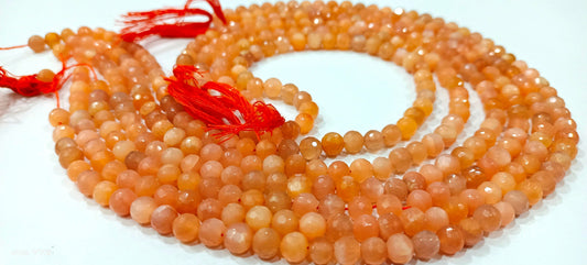 Natural Peach moonstone  Round Shape  Briolette Faceted 5-6mm Beads For Jewelry Making Sold Per Strand 14 Inches Long