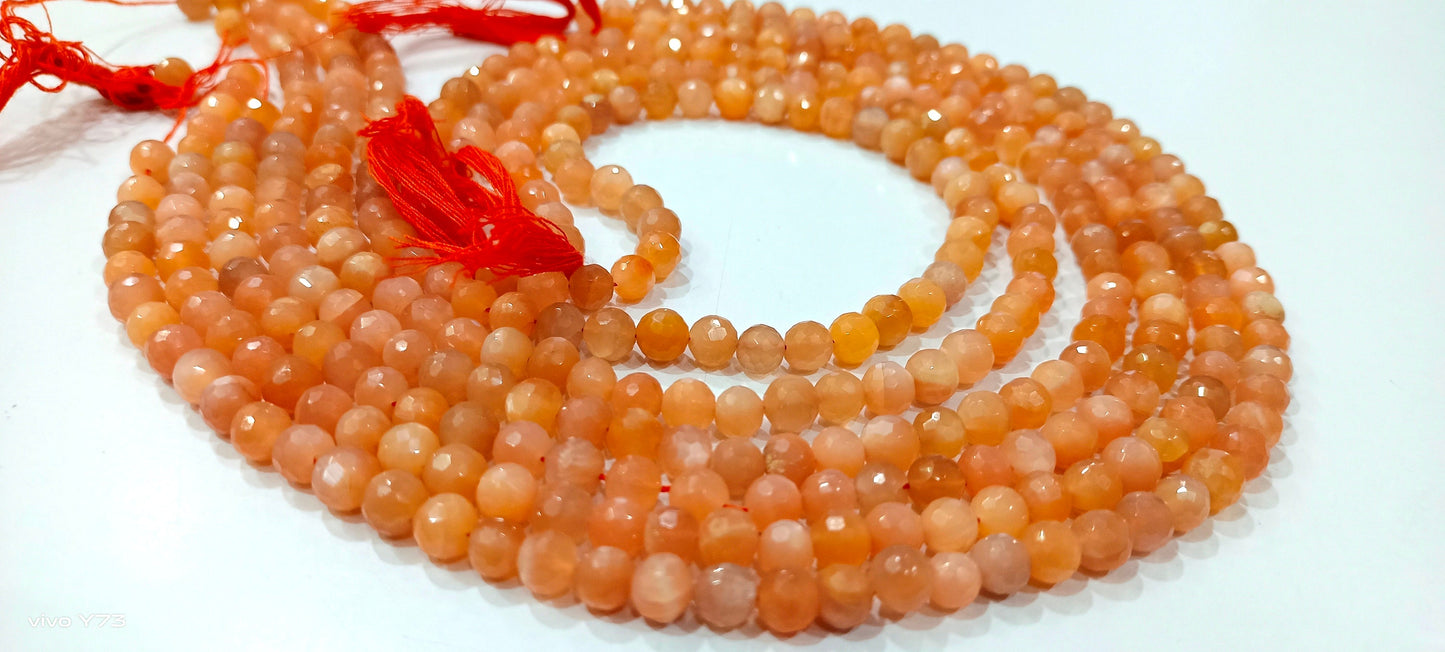 Natural Peach moonstone  Round Shape  Briolette Faceted 5-6mm Beads For Jewelry Making Sold Per Strand 14 Inches Long
