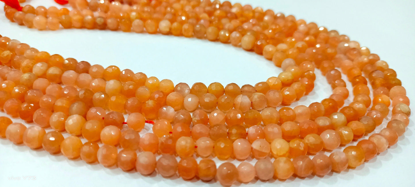 Natural Peach moonstone  Round Shape  Briolette Faceted 5-6mm Beads For Jewelry Making Sold Per Strand 14 Inches Long