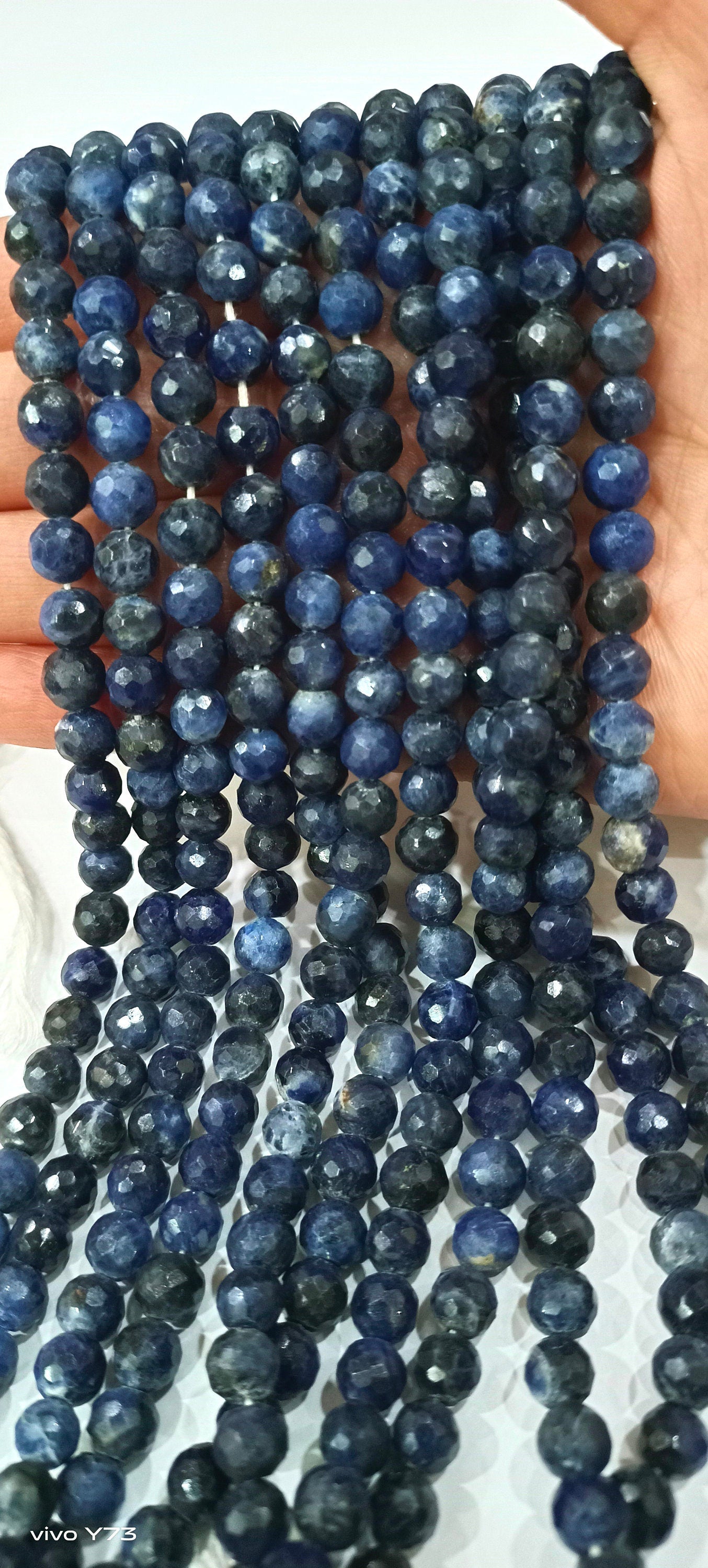 Natural Sodalite   Round Shape  Briolette Faceted 5-6mm Beads For Jewelry Making Sold Per Strand 14 Inches Long
