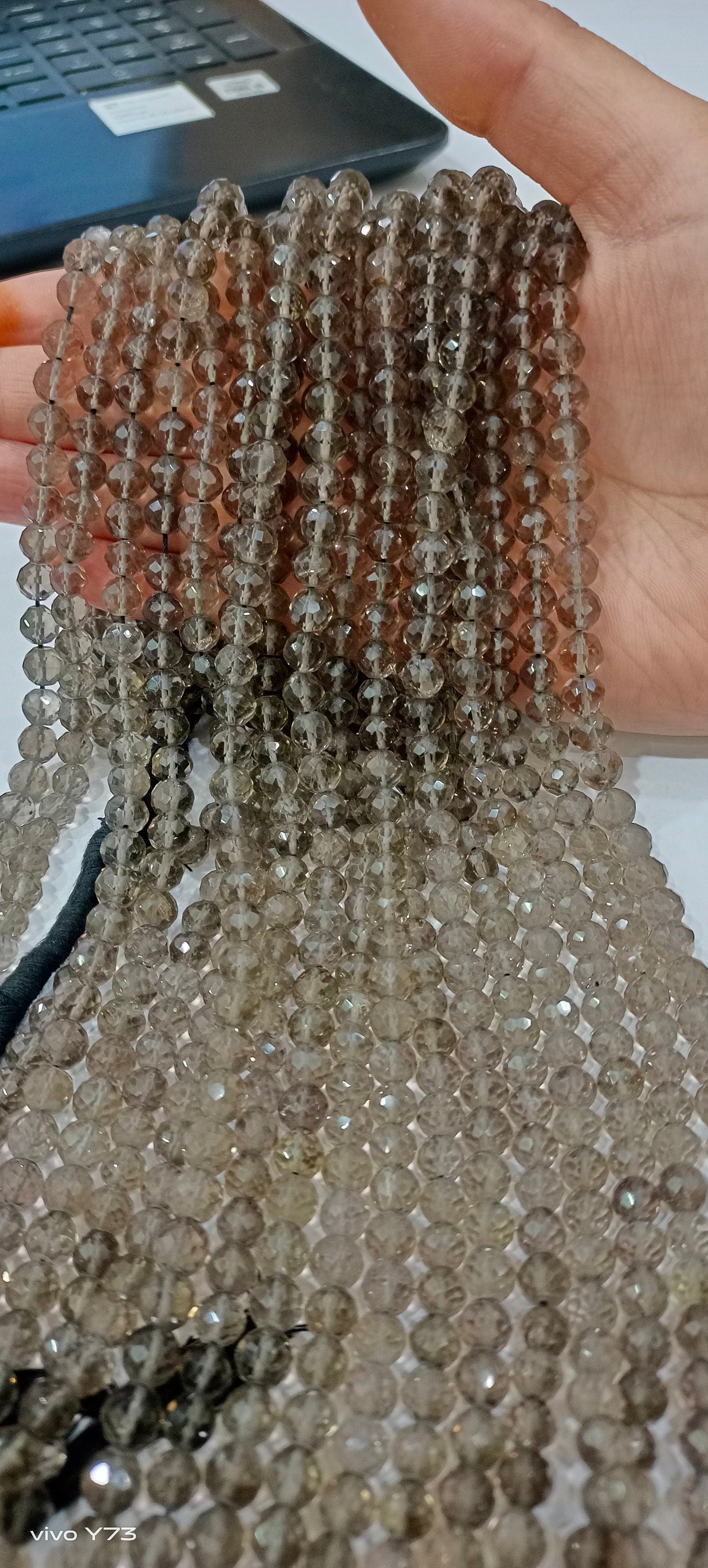 Natural Smoky Quartz  Round Shape  Briolette Faceted 5-6mm Beads For Jewelry Making Sold Per Strand 14 Inches Long