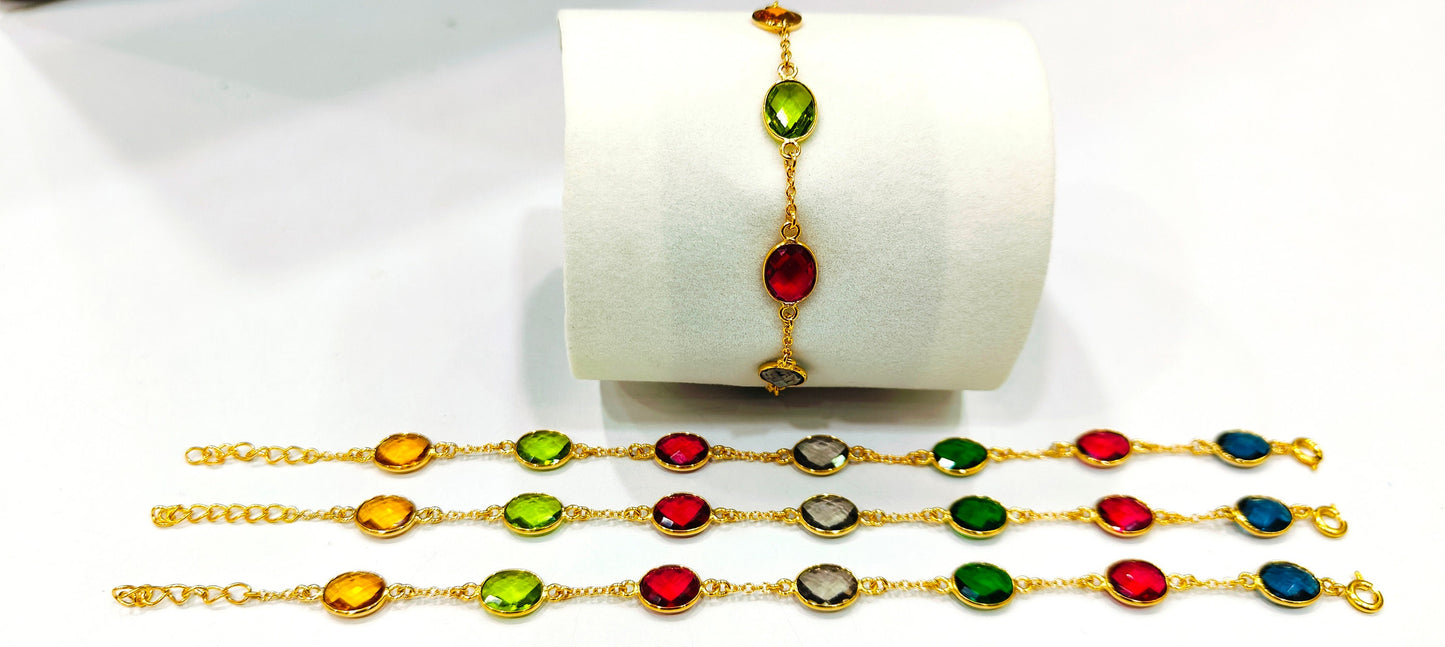 Handmade Gemstone Bracelet Multi Color Oval Briolette  8x10mm Stones with Link Chain Gold Plated 8 inches long including 1 inch extender