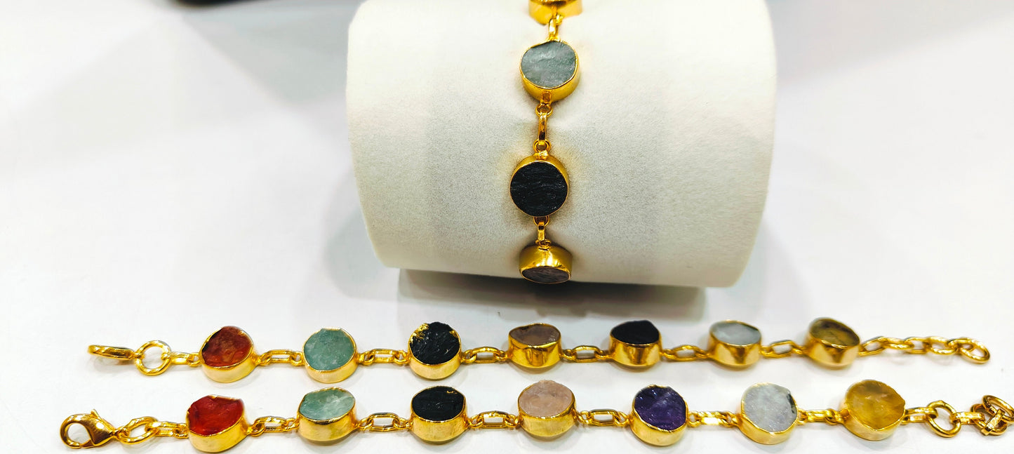 Handmade Gemstone Bracelet Multi Color Round 8mm Stones with Link Chain Gold Plated 7inches long including 1 inch extender