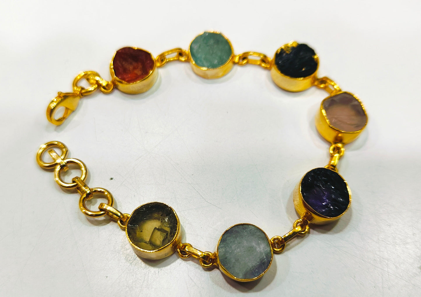 Handmade Gemstone Bracelet Multi Color Round 8mm Stones with Link Chain Gold Plated 7inches long including 1 inch extender