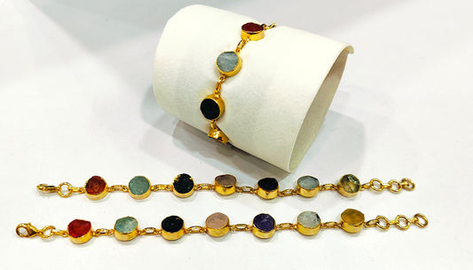 Handmade Gemstone Bracelet Multi Color Round 8mm Stones with Link Chain Gold Plated 7inches long including 1 inch extender